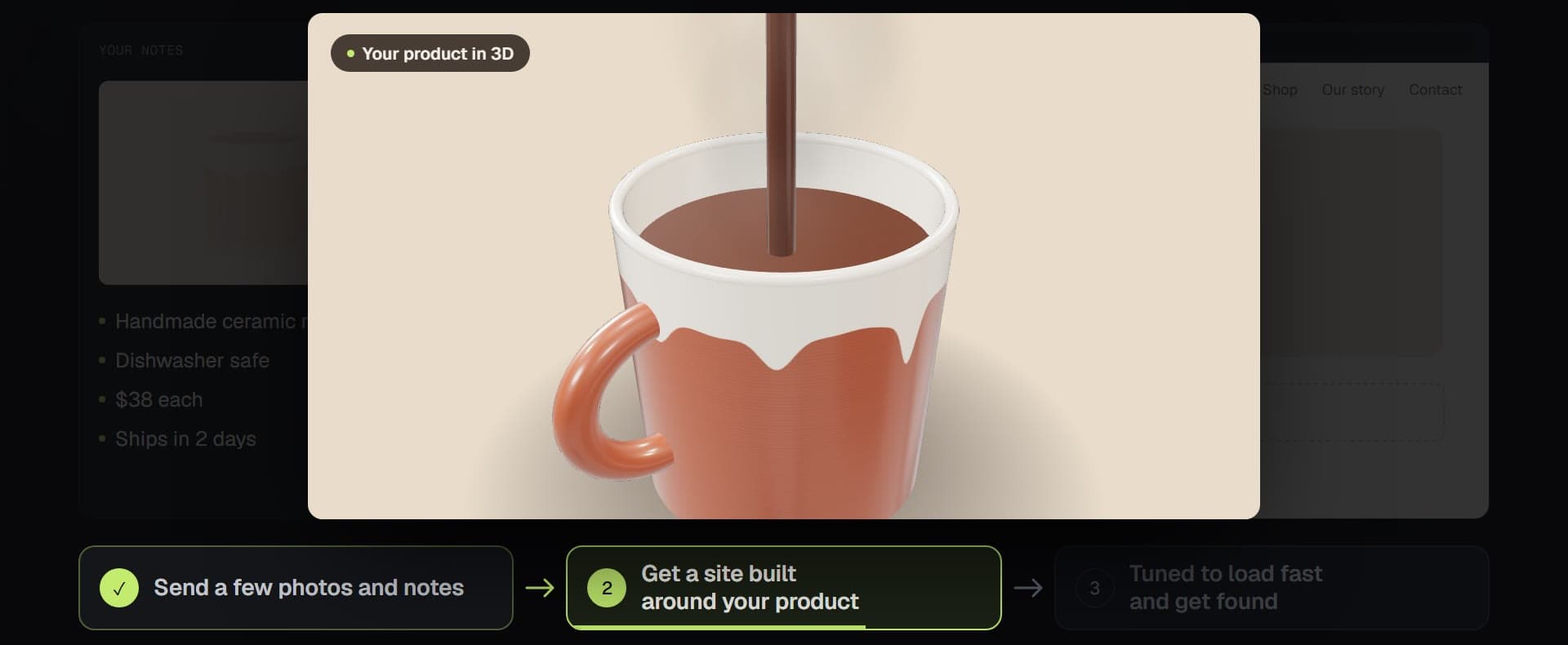 A product website being built around a ceramic mug, with a 3D close-up of hot chocolate pouring into the mug