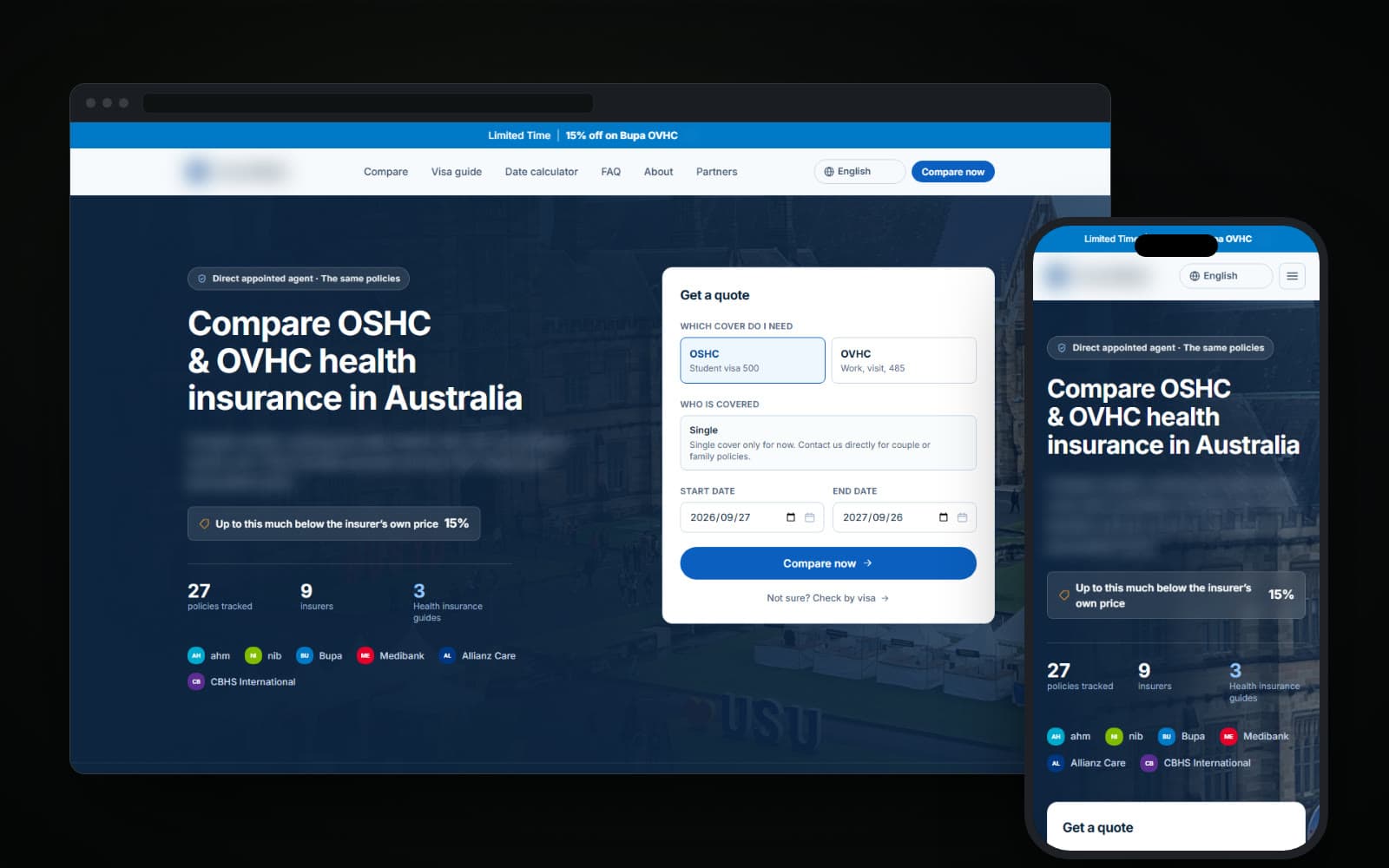An insurance comparison site shown on a laptop and phone, with a quote form